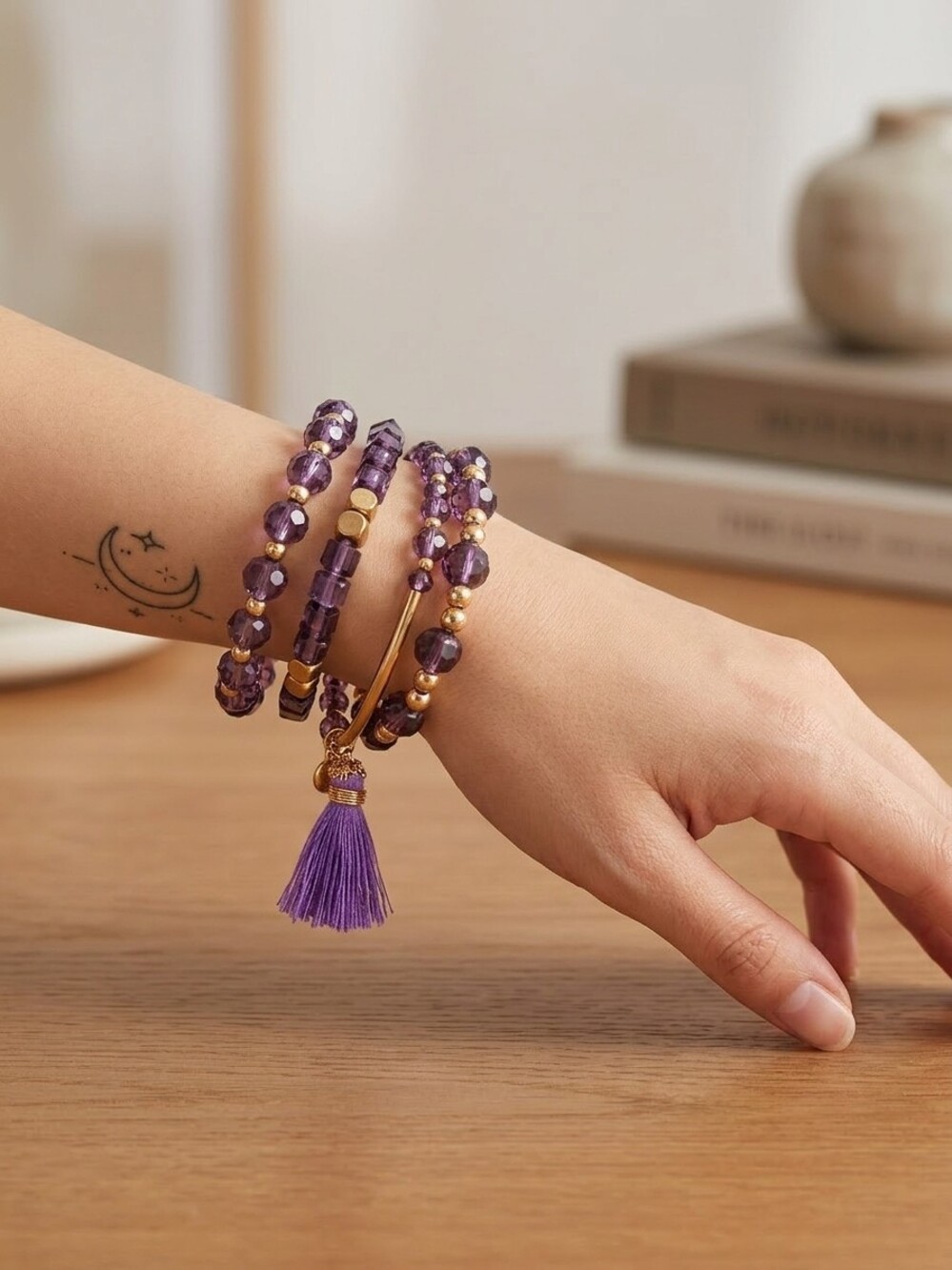 Bracelet Purple Beaded Stretch Tassel Charm Multi-Strand